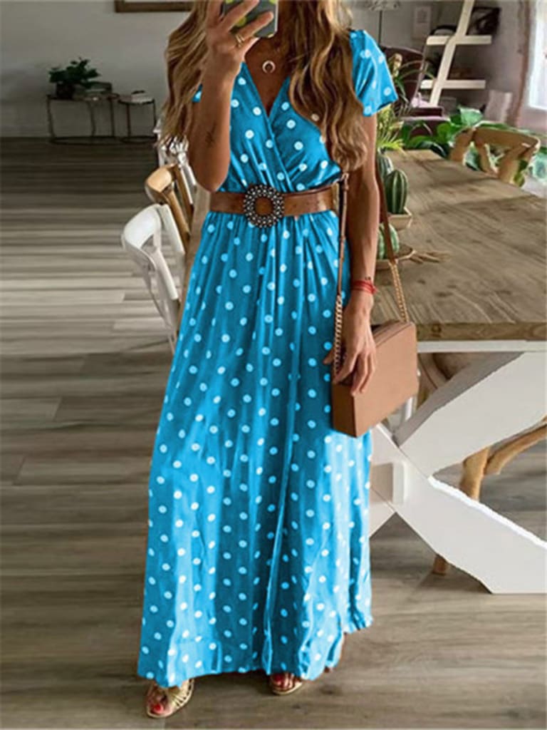 Boho Women Summer Maxi Long Dress Fashion Ladies Short Sleeve V-neck Beach Evening Party Polka Dot Sundress