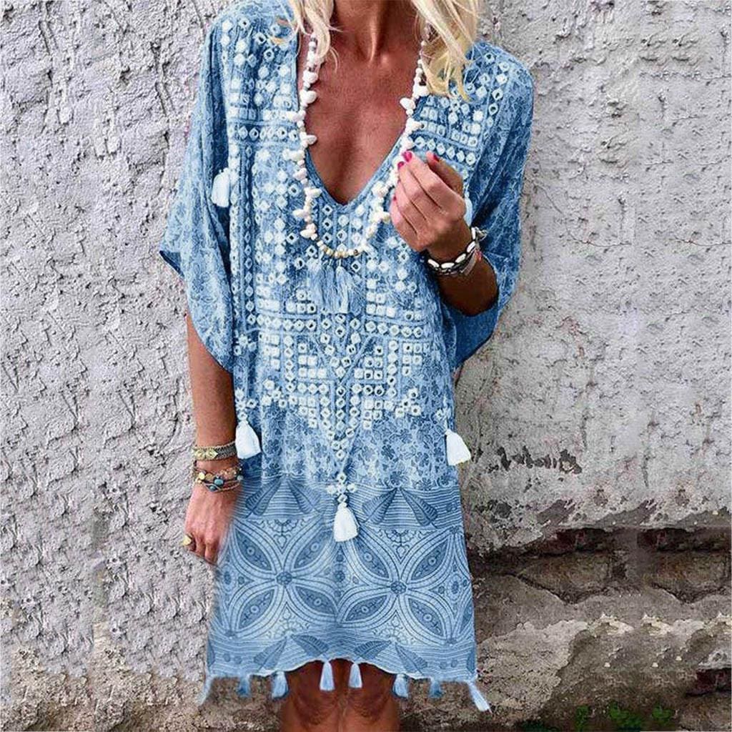 New Women Boho Short Sleeve Dress Summer Printed Beach Ladies Casual Loose Mini Shirt Beach Dress Sundress