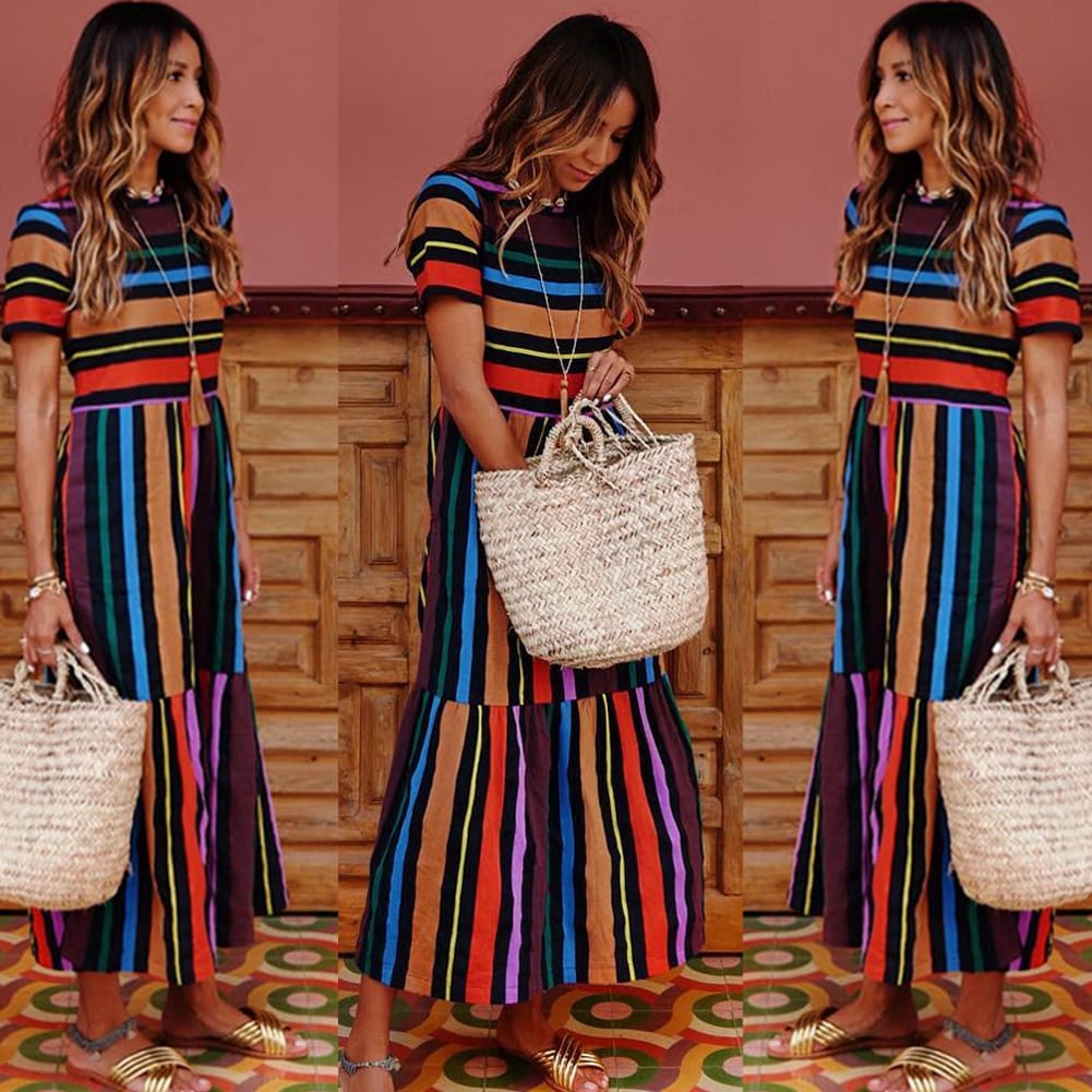 Summer Holiday Dress Women Stripe Boho Short Sleeve Long Maxi Dress New Ladies Casual Beach Sundress