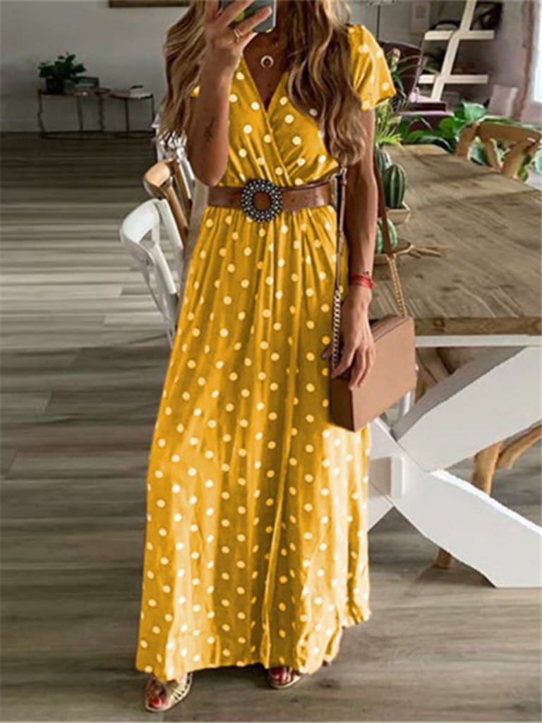 Boho Women Summer Maxi Long Dress Fashion Ladies Short Sleeve V-neck Beach Evening Party Polka Dot Sundress