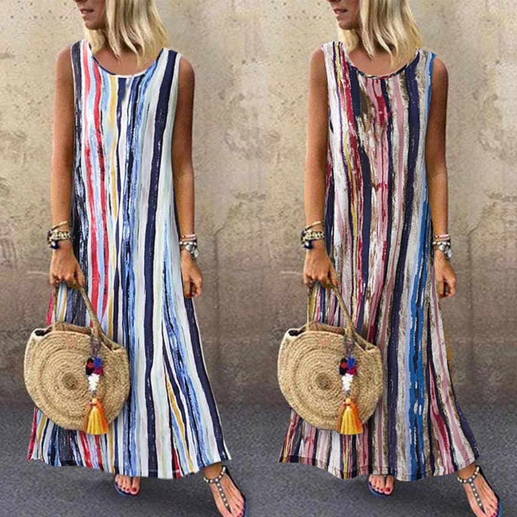 Womens Sleeveless V-neck Striped Hem Baggy Kaftan Ladies Casual Loose Maxi Long Dress Sundress