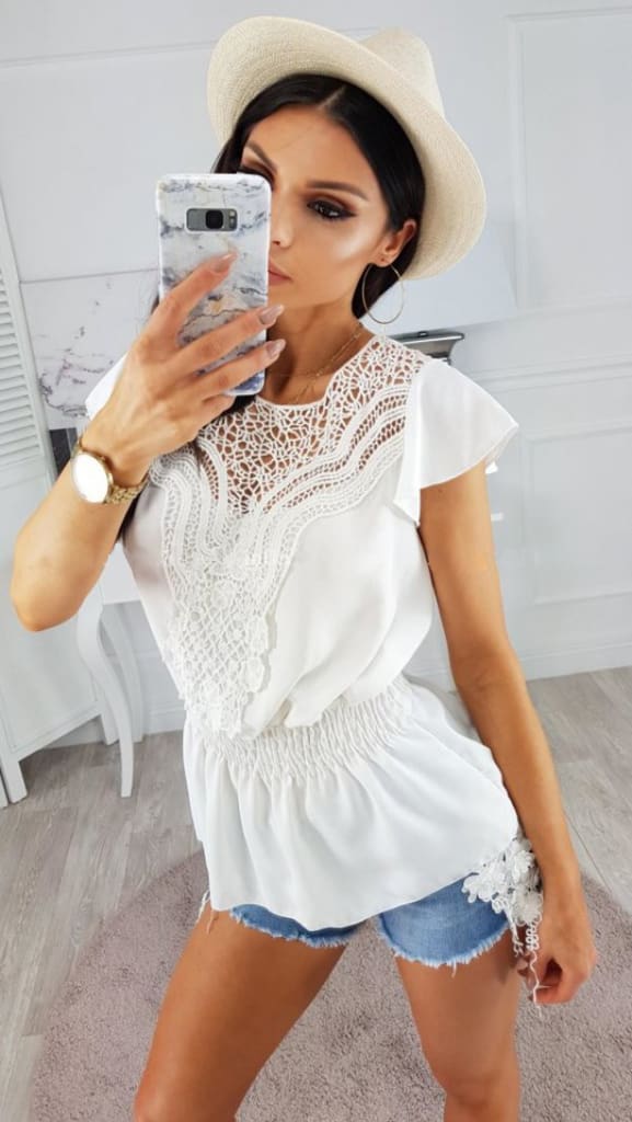 Women Round Neck Short Sleeve Tops Hollow Out Casual Blouse Loose Summer Elegant Crochet Lace Crop Tops Shirt