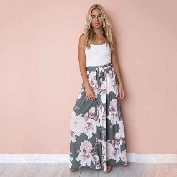 Fashion Women Boho Floral High Waist Long Pants Palazzo Baggy Wide Leg Ladies Summer Loose Casual Trousers