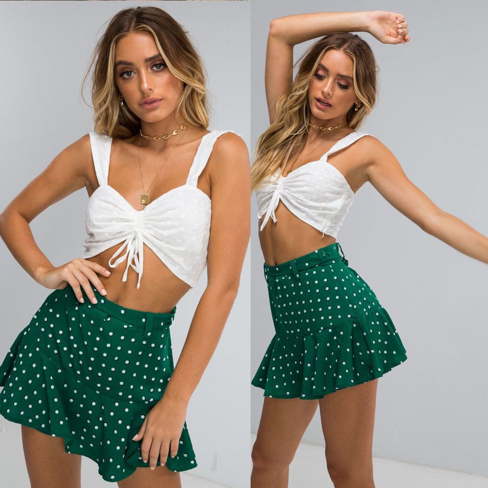 Summer High Waist A Line Circle Elastic Stretch Pleated Flared Beach Polka Dot Mini Skirt