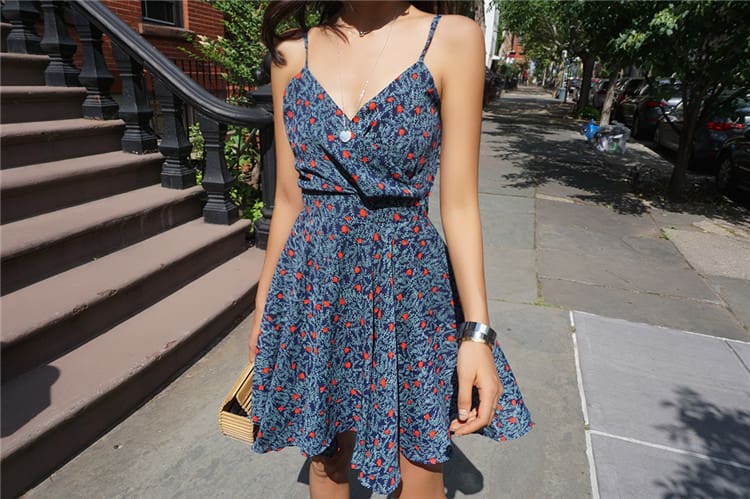 Chiffon V-neck Dress Print Vintage Mini A-Line Slip Strap Dresses