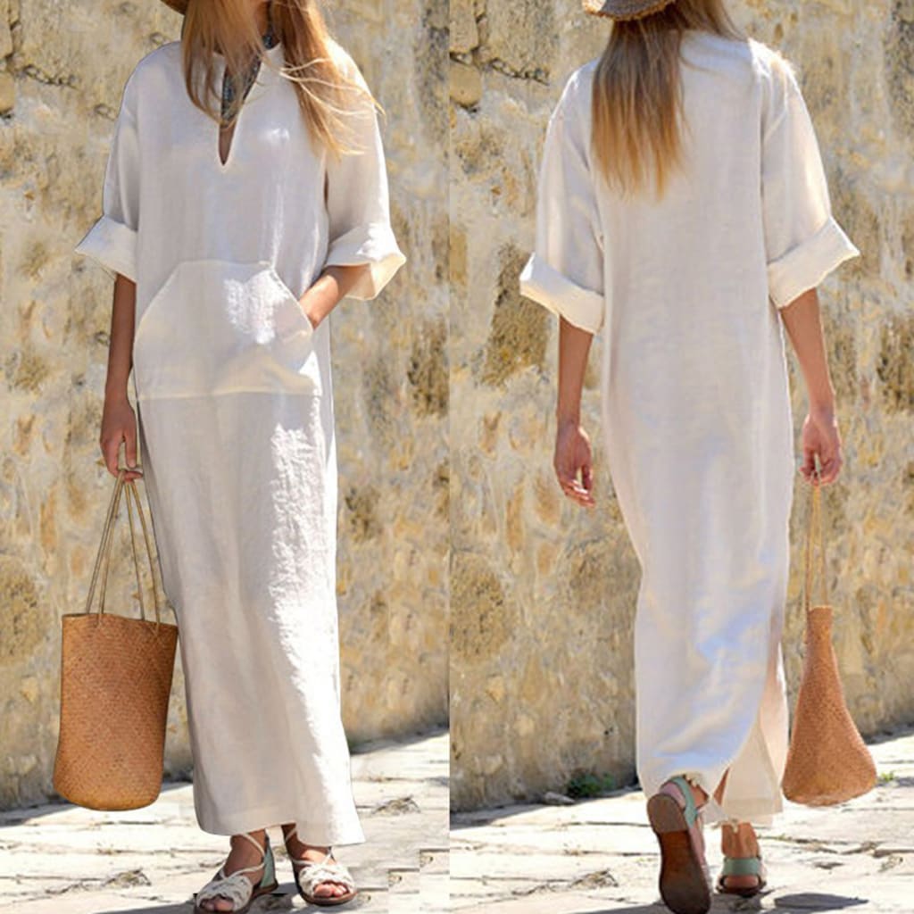 Women Long Maxi Dresses Ladies Half Sleeve Pocket Solid Summer Casual V Neck Split Maxi Dress Vintage Linen Sundress