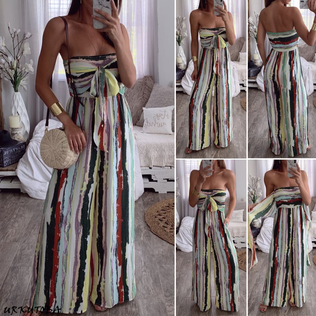 Fashion Women Sleeveless Loose Wide Leg Jumpsuit Overalls Summer Holiday Stripes Bandeau Casual Trousers Romper