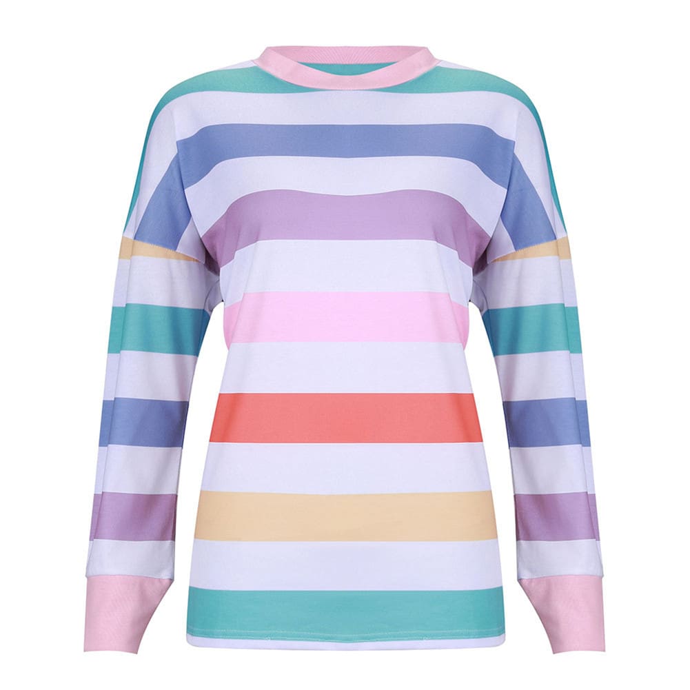 New Fashion Women Pre-fall Long Sleeve Crew Neck Rainbow Striped Shirt Casual Ladies Loose Tops T-Shirt Women Clothes