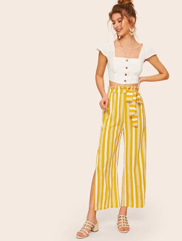 Women Loose Stripe Slit Boho Beach Harem Wide Leg Casual Pants Ladies Fashion High Waist Palazzo Trousers