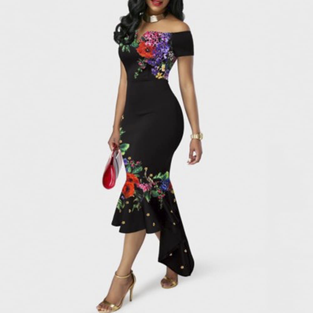 Womens Boho Long Maxi Dress Beach Summer Party Elegant Ladies Off Shoulder Floral Bodycon Fishtail Dresses