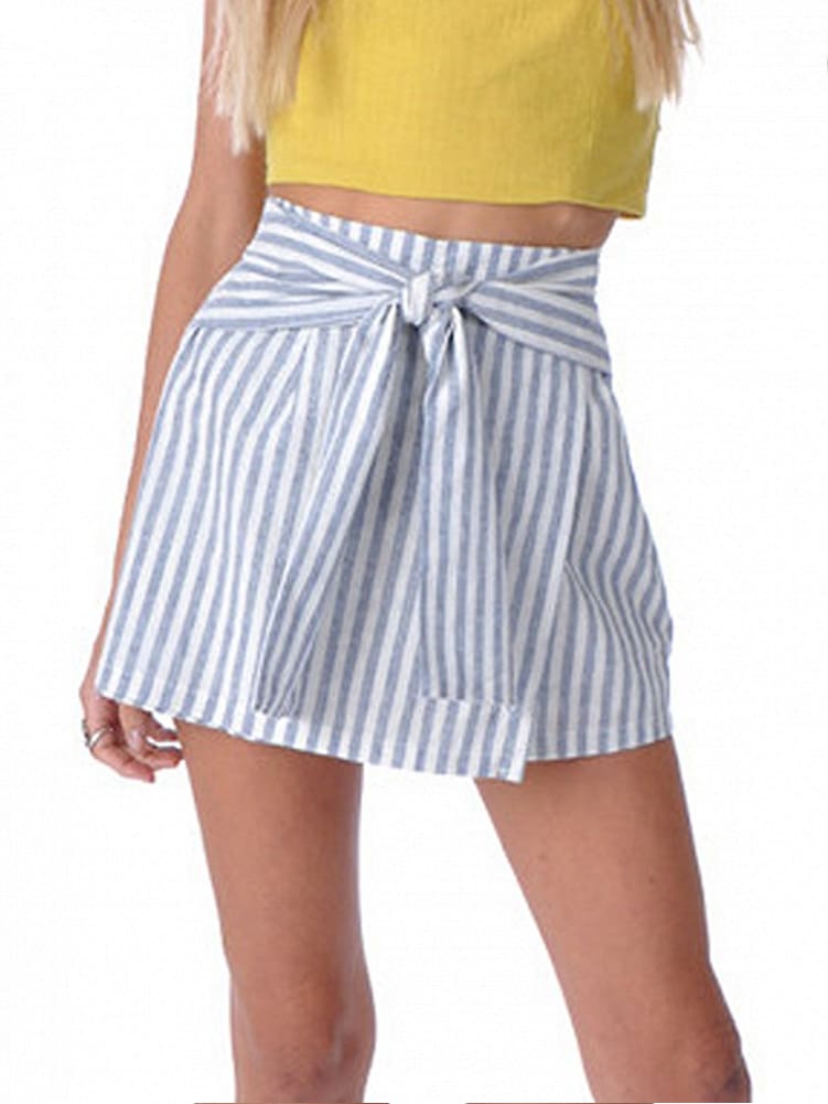 Women Cotton&Linen Tennis High Waist Knot Skater Striped Pleated Flared A Line Circle Elastic Stretch Waist Short Mini Skirt