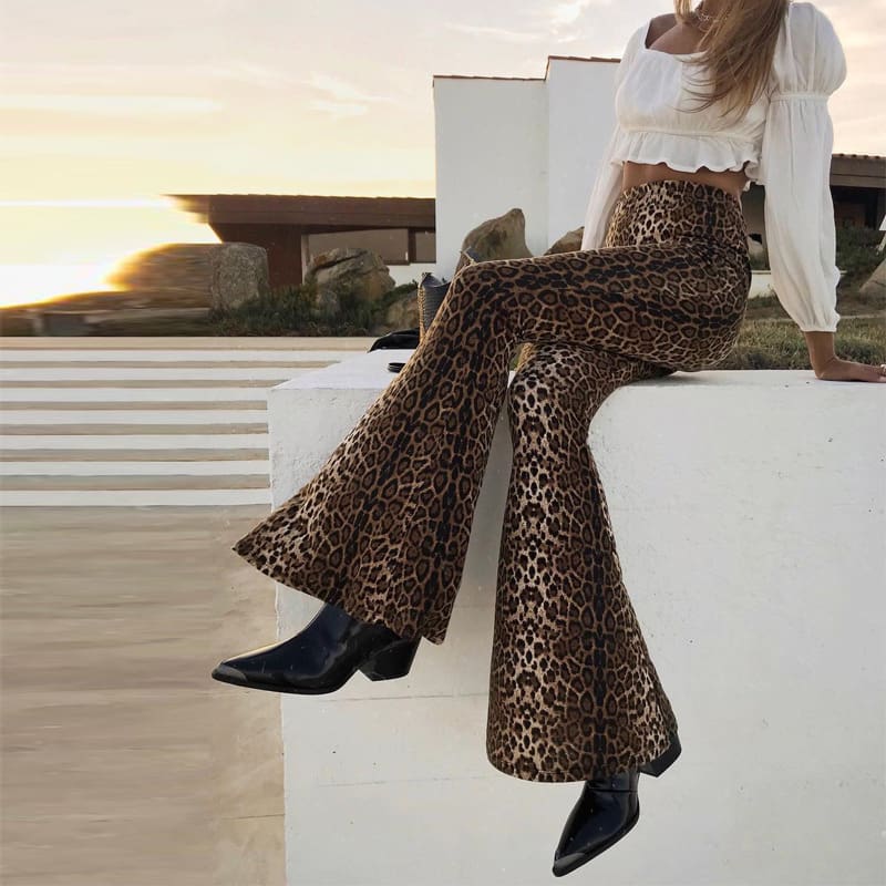 Women Flared Leopard Print Bell Bottom Loose Pants Ladies Bandage Casual Stretch High Waist Long Trousers New