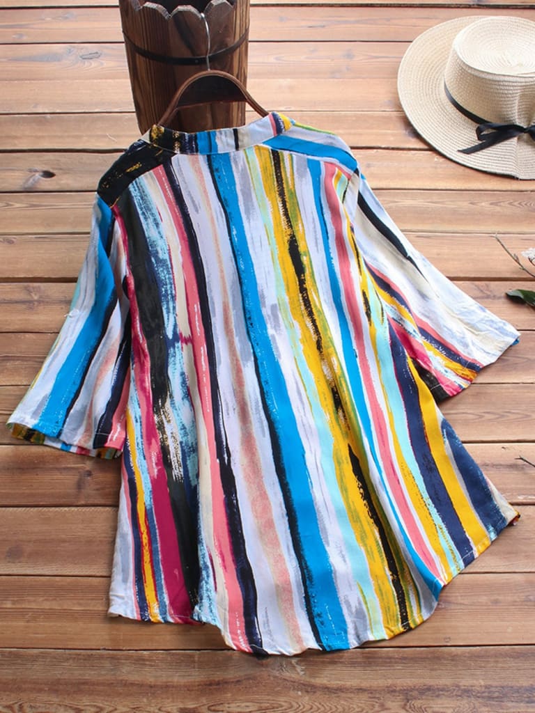 New Women Summer Striped V Neck Blouses Ladies Casual Loose Baggy Tops Tunic Shirts Plus Size Women Clothes