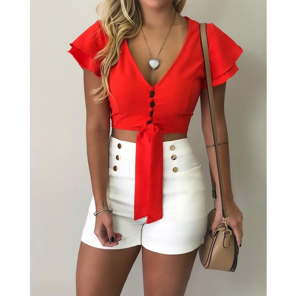 New Fashion Women Short Sleeve Summer Simple Front Tie Up Crop Top V-Neck Casual Sexy Loose Tops T-Shirt Outwear Streetwear