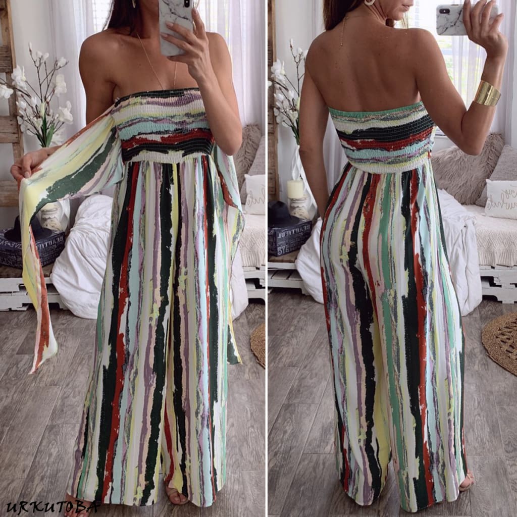 Fashion Women Sleeveless Loose Wide Leg Jumpsuit Overalls Summer Holiday Stripes Bandeau Casual Trousers Romper