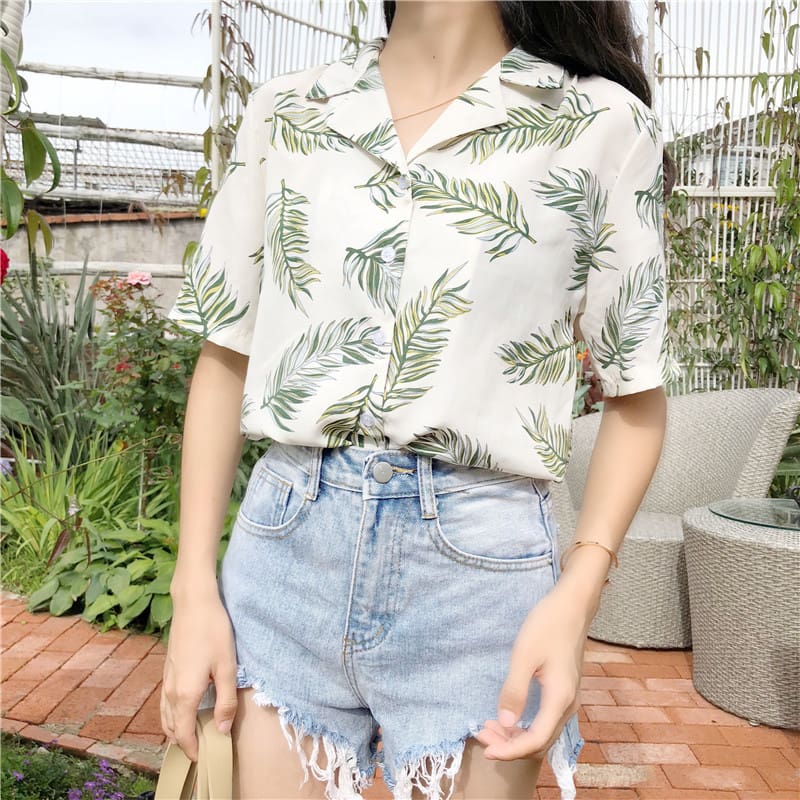 New Women Summer Casual Loose Half Sleeve Blouse Fashion Ladies Leaf Printed Tops Lapel Shirts Beach Holiday Tops