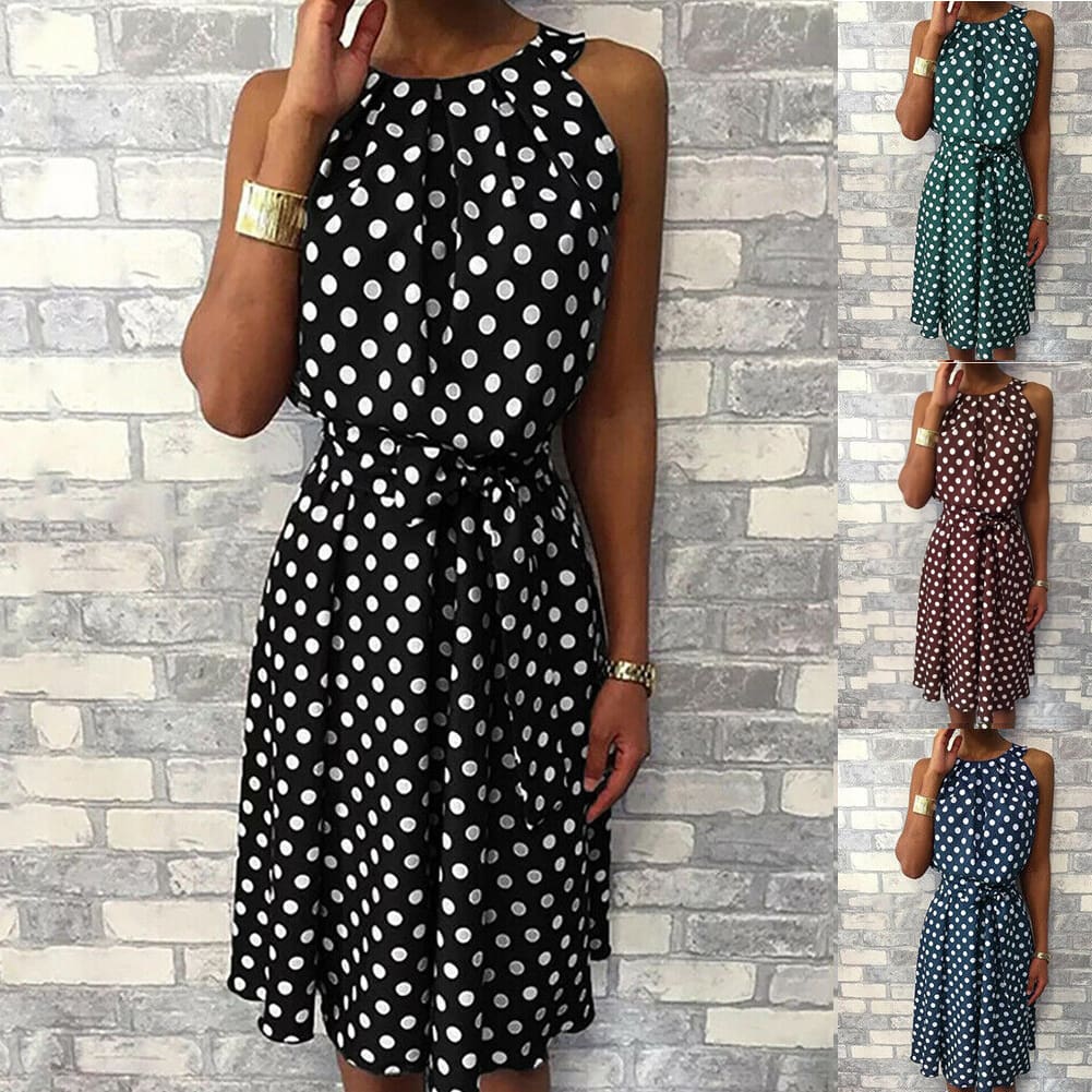 Women Sleeveless Polka Dot Midi Dress 2019 Fashion Ladies Summer Beach Casual Bandage Belt Dress Sundress