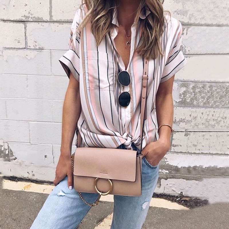 Summer Women Short Sleeve Loose Shirts Fashion Ladies Casual Striped V-Neck Baggy Blouse Tops Tunic Shirt