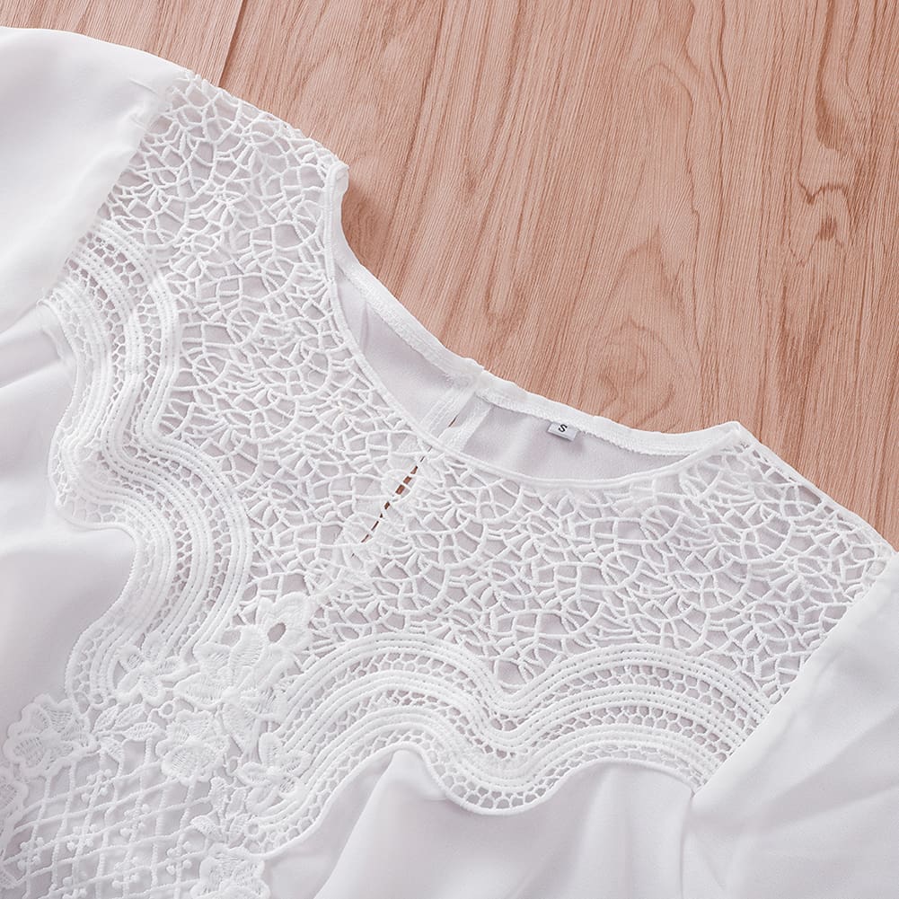 Women Round Neck Short Sleeve Tops Hollow Out Casual Blouse Loose Summer Elegant Crochet Lace Crop Tops Shirt