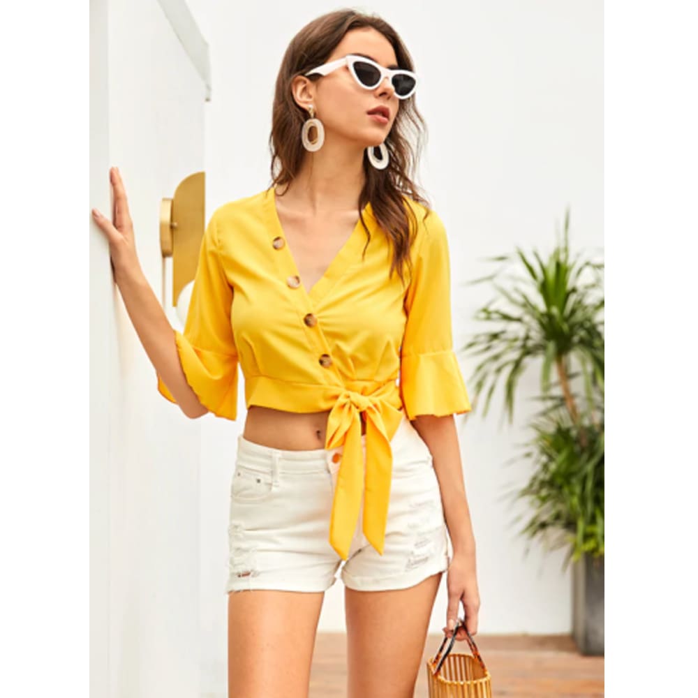 New Womens Chiffon Half Sleeve V-Neck Bandage Shirt Fashion Ladies Summer Casual Solid Blouse Tops Women Clothes