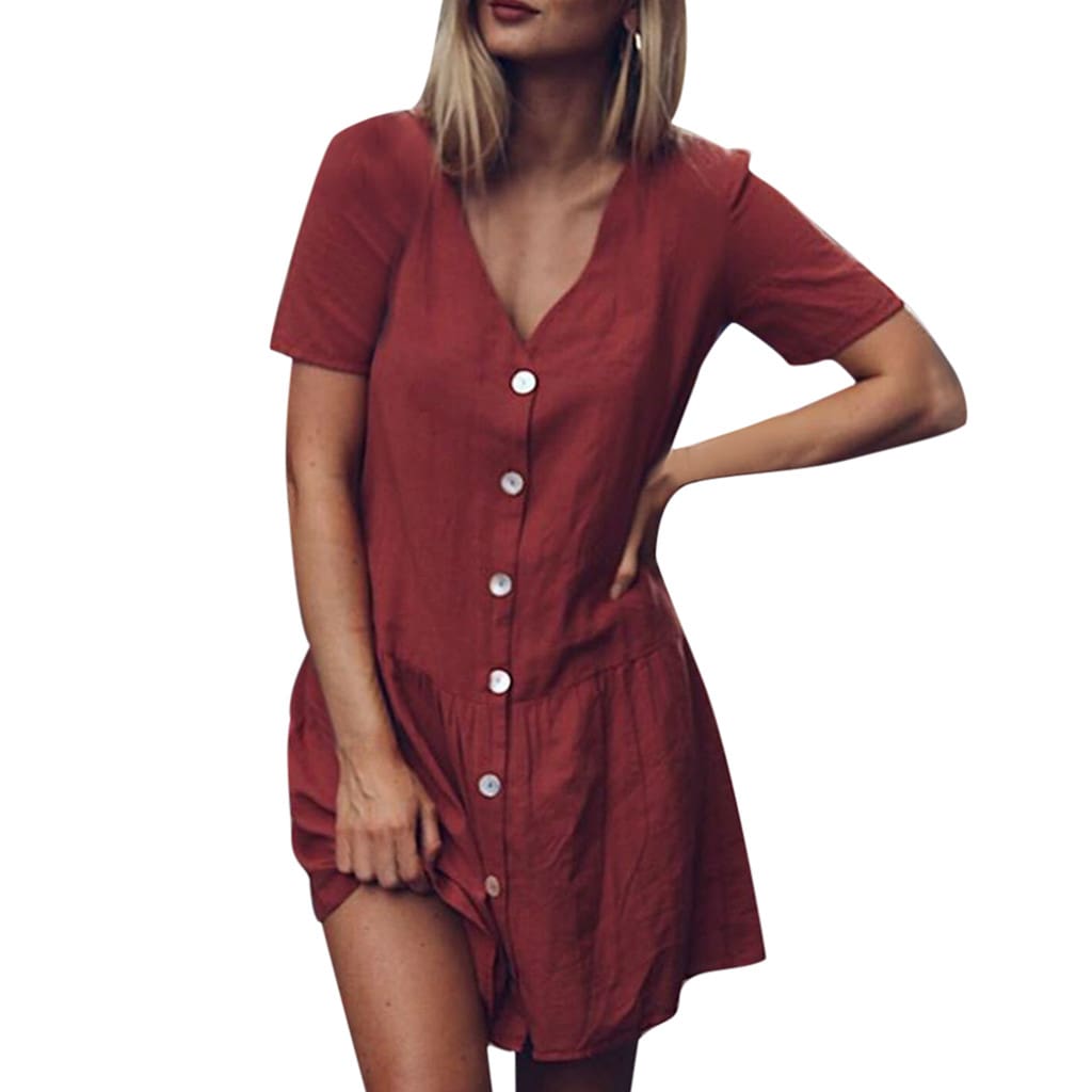 Office Casual Womens Dresses V-Neck Short Sleeve Buttons Sundress