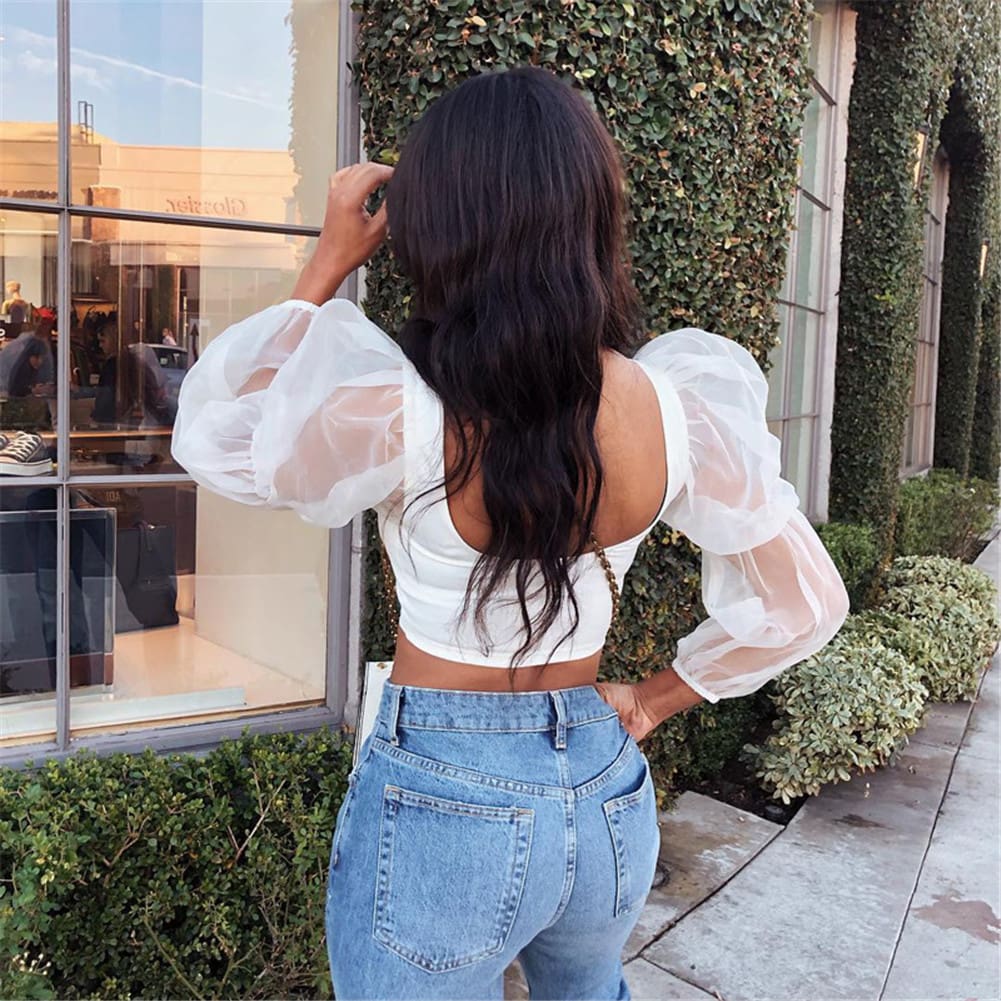 Women Blouse Tops Sheer Long Sleeve Casual Blouse Slimmer Fitting Solid Holiday Crop Tops Shirt