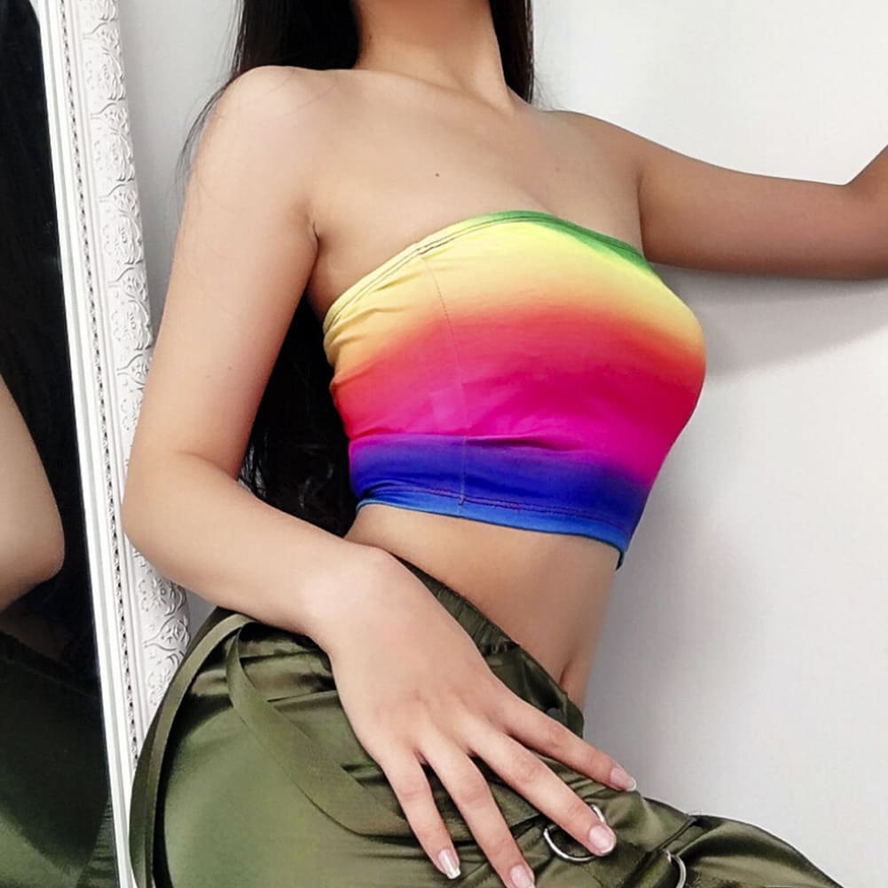 Summer Women Casual Off Shoulder Stretch Tank Top Vest Blouse Fashion Ladies Sleeveless Rainbow Print Crop Tops Shirt