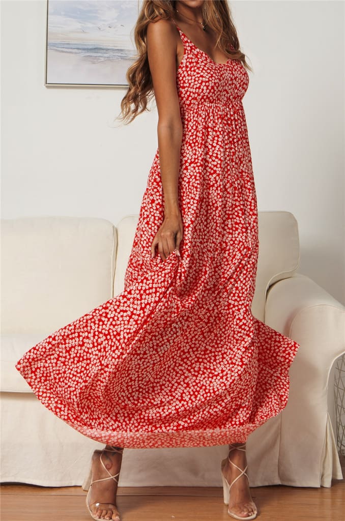 Summer Womens Bohemian Floral Sling V-neck Dress Fashion Ladies Sleeveless Holiday Maxi Dress Sundress