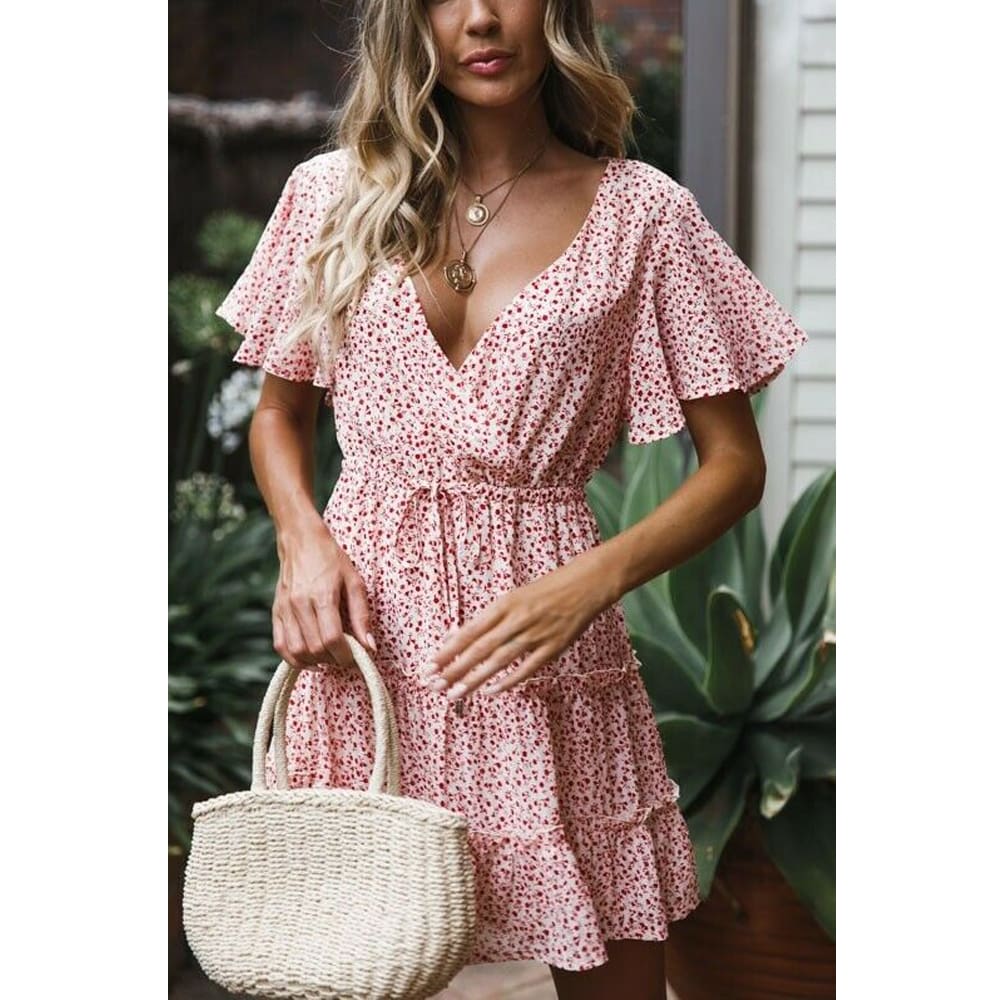 Womens Boho Floral Short Sleeve Dress Ladies Summer Party Beach V-Neck Casual Short Mini Dress Sundress