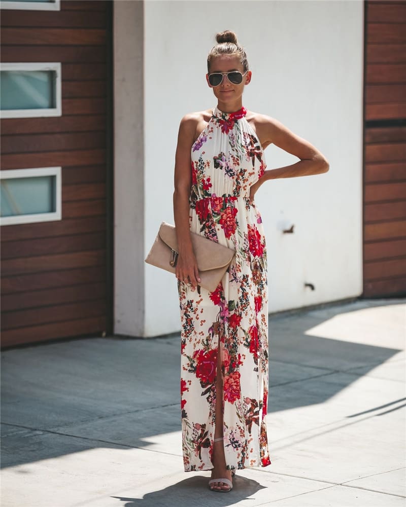 Halter Style Women Summer Floral Dress Casual Boho High Waist Long Maxi Holiday Party Sleeveless Loose Dress Clothes