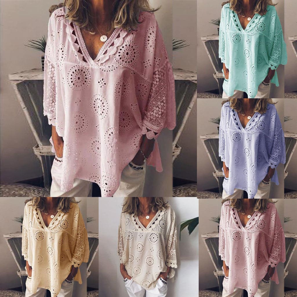 Women Blouse V-Neck Long Sleeve Embroidery Cotton Shirt Summer Holiday Ladies Casual Loose Solid Top Outwear