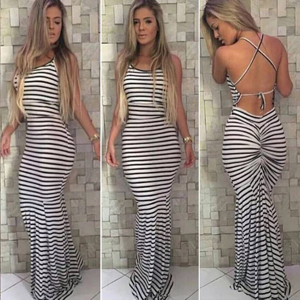 Women Strappy Striped Bodycon Long Maxi Dress Summer BOHO Sleveless Backless Evening Party Beach Dresses Sundress