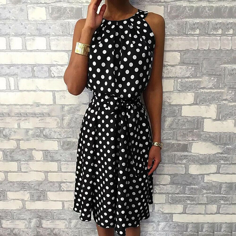 Women Sleeveless Polka Dot Midi Dress 2019 Fashion Ladies Summer Beach Casual Bandage Belt Dress Sundress