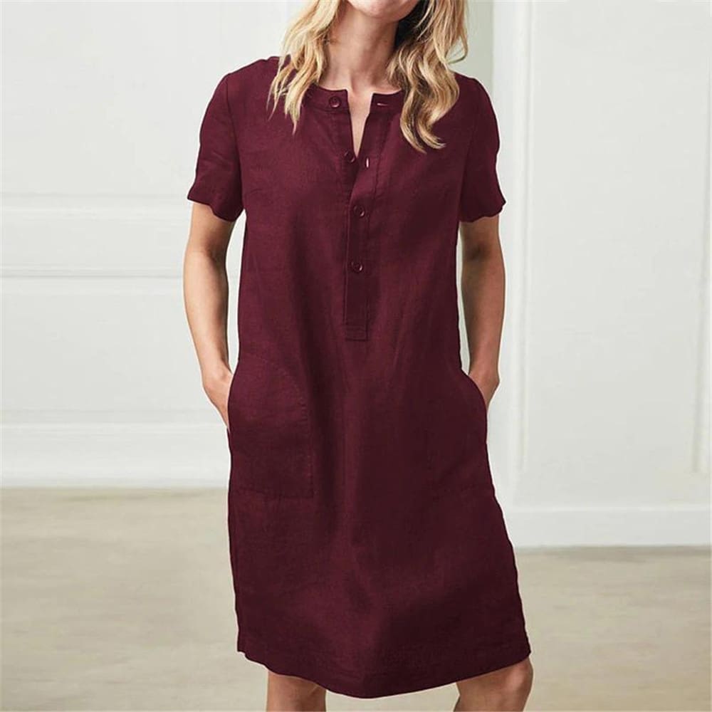 Plus Size Fashion Women Summer Solid O Neck Short Sleeve Cotton Linen Casual Pocket Loose T Shirt Top Women Maxi Dress Sundress