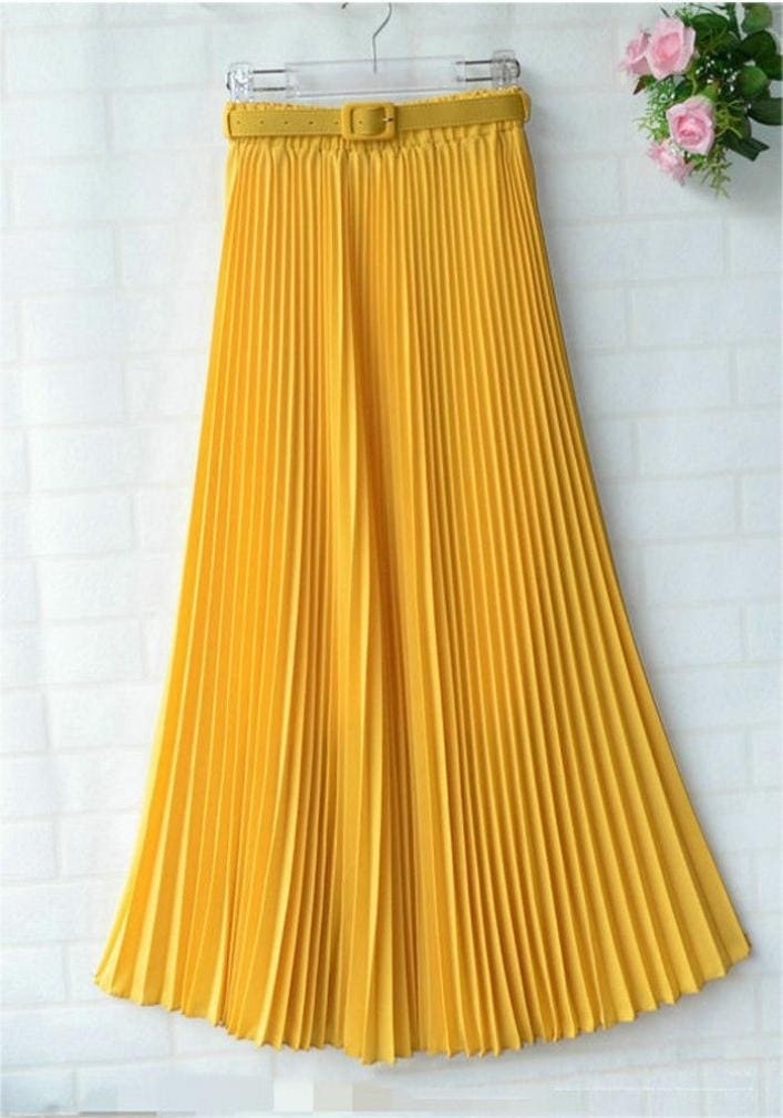 New Summer Women Ladies Elegant Long Skirt Retro Maxi Chiffon High Waist Solid Casual Pleated Beach Long Skirt Sundress