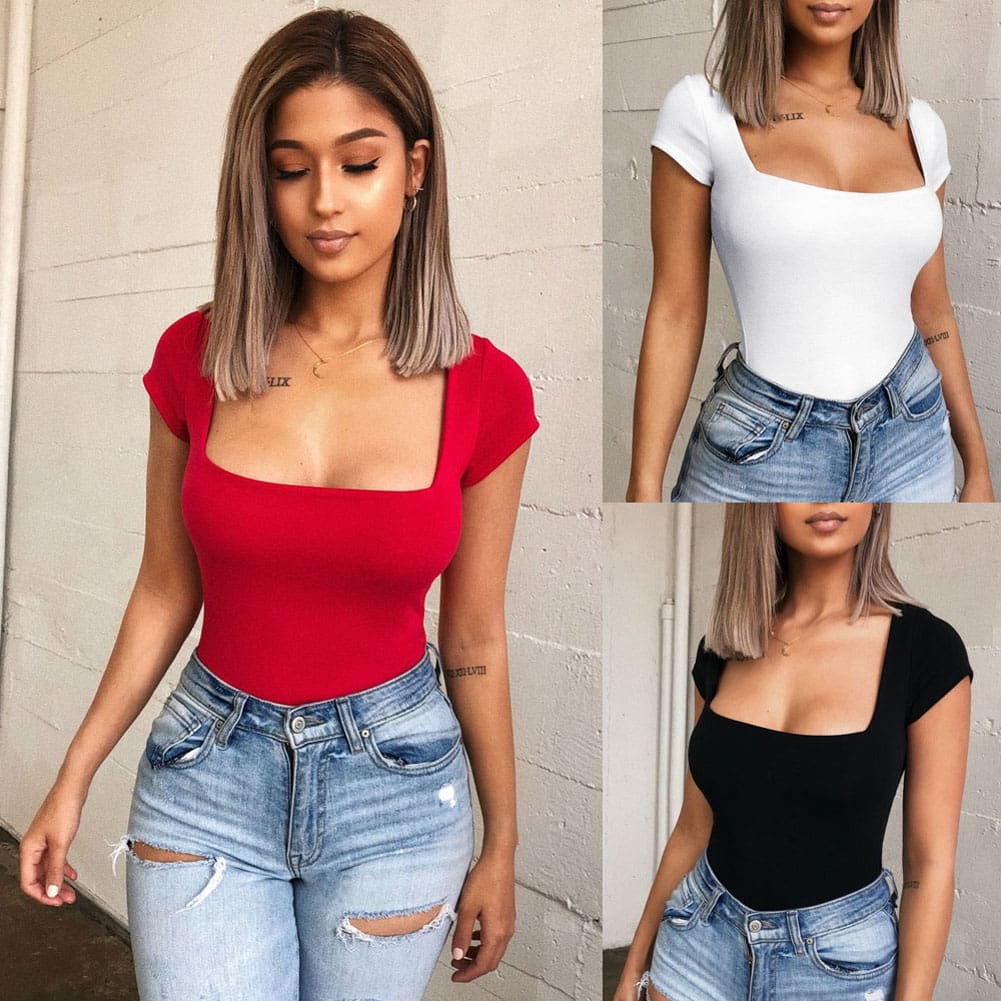 New Women Romper Bodysuit Leotard Short Sleeve Tank Stretch Jumpsuit Slim Tops Summer Beach Swimwear Solid Casual Jumpsuit