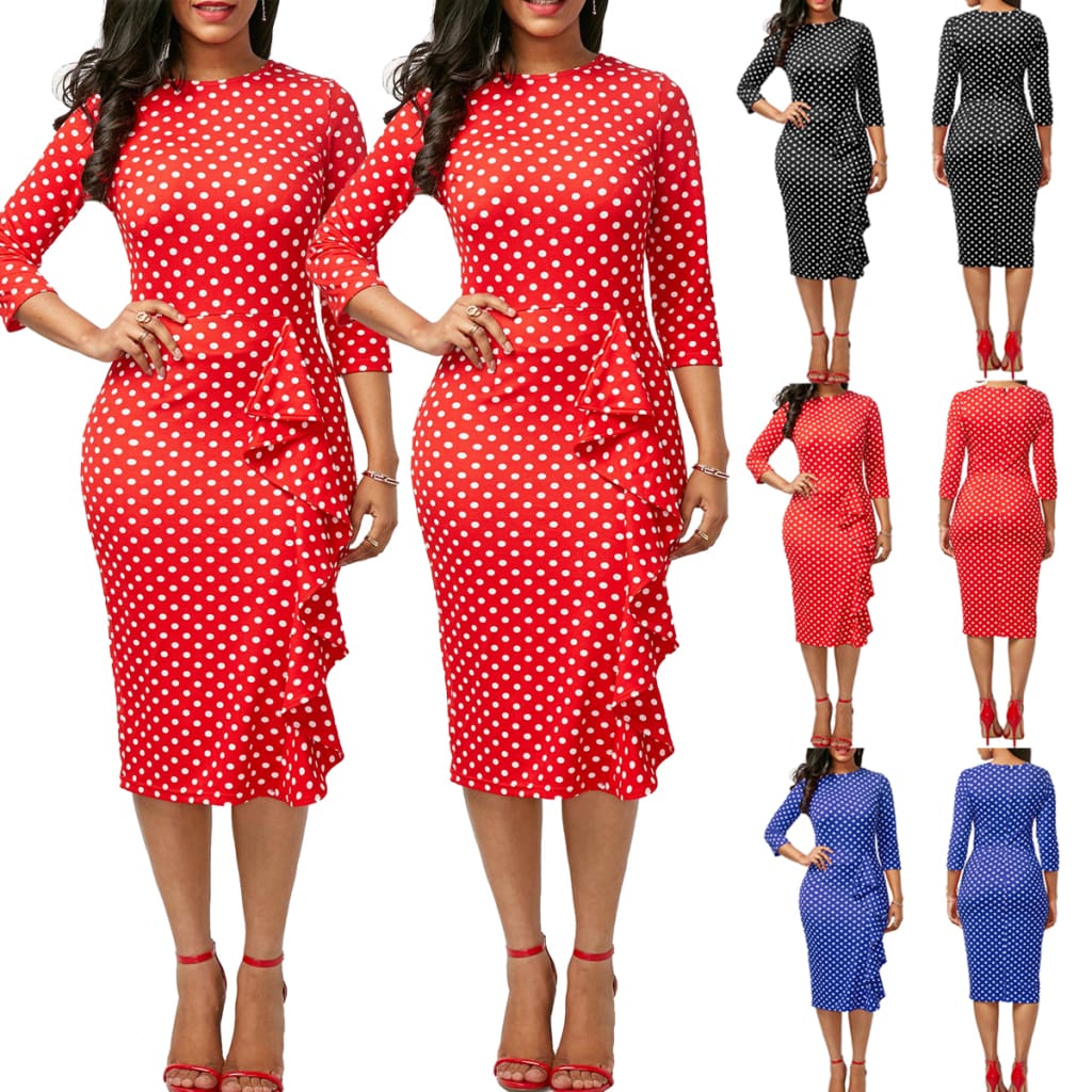 Elegant Women Ladies Sexy Long Sleeve Polka Dots Ruffle Bodycon Slim O-Neck Casual Party Long Pencil Dress