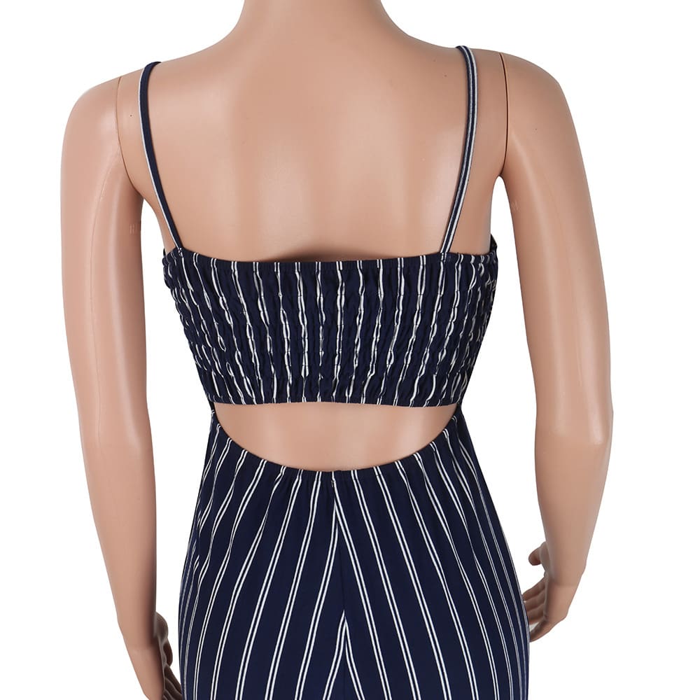 Summer Hot Bodycon Backless Stripe Jumpsuits Women Party Clubwear Jumpsuits Casual Bowtie Overalls Long Pant Trousers