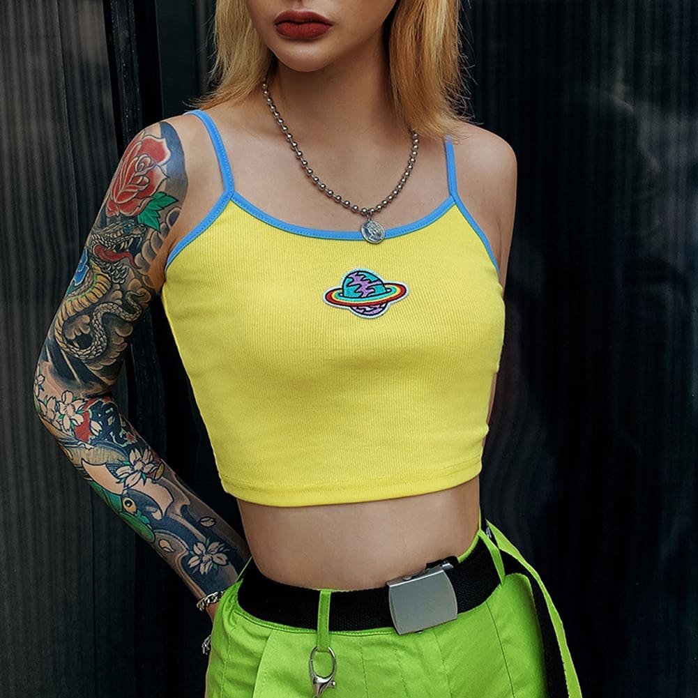 Women Casual Printed Yellow Tank Top Bustier Vest Blouse Ladies Sleeveless Summer Beach Crop Top Shirt Cami Top