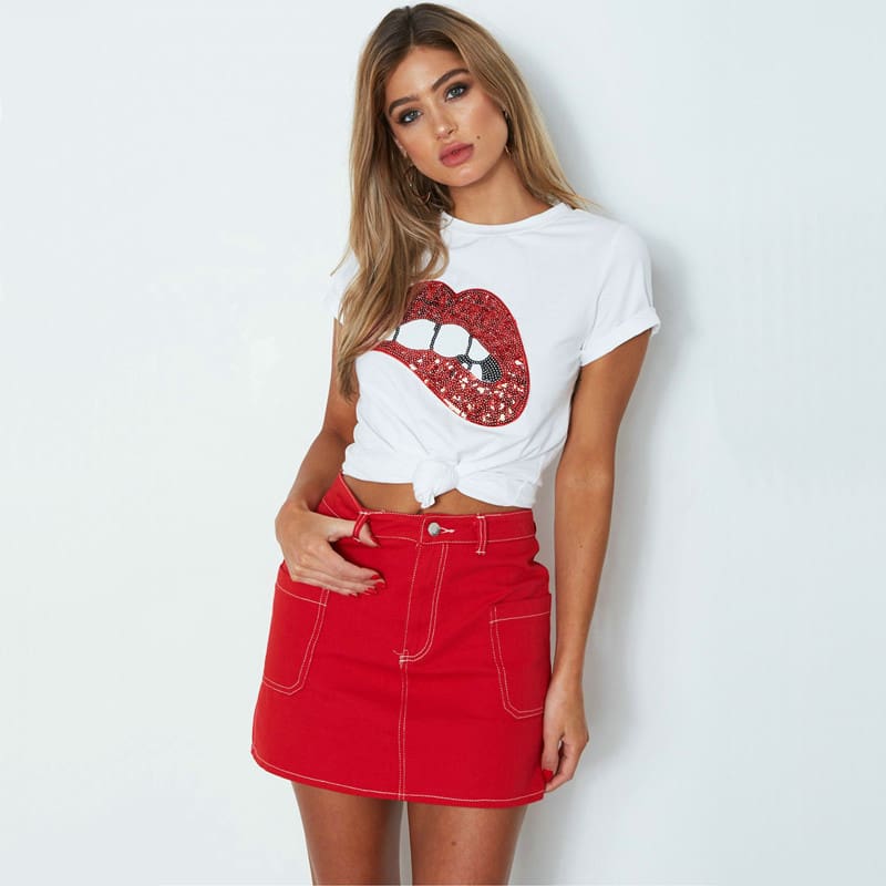 Hot Summer Fashion Red Lips Print Slim T-Shirts Women Girl Casual Short Sleeve T-Shirt Women Clothing