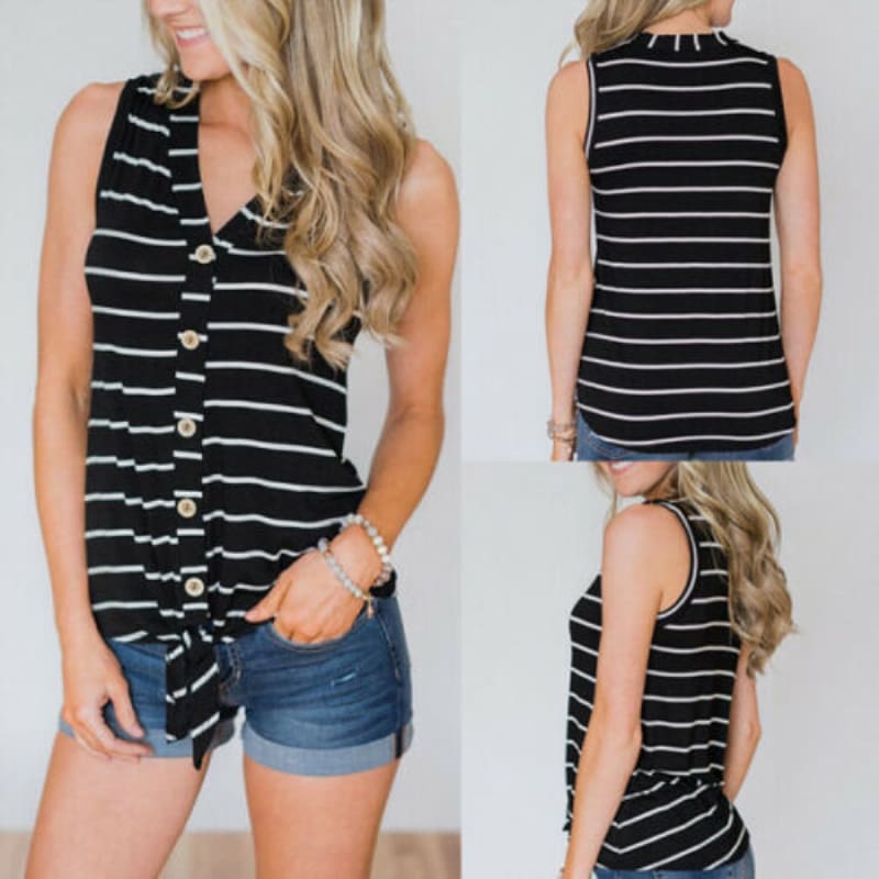 Women Stripe T-Shirt V-Neck Sleeveless Summer Casual Loose Tops Casual T-Shirts