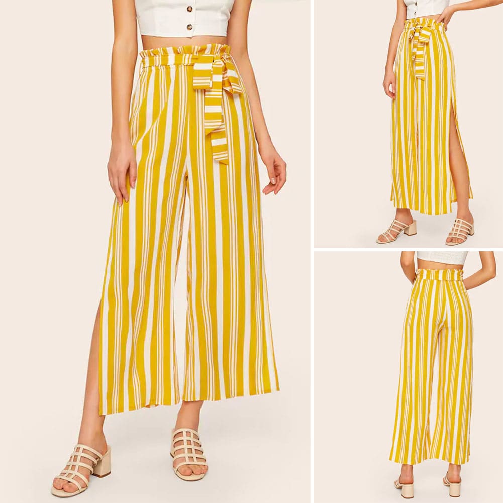 Women Loose Stripe Slit Boho Beach Harem Wide Leg Casual Pants Ladies Fashion High Waist Palazzo Trousers