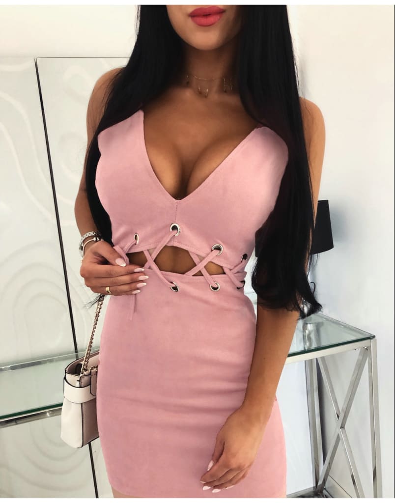 Women Ladies Halter Sleeveless Bandage Bodycon Mini Dress Solid Casual Summer Beach Hollow Slim Sundress