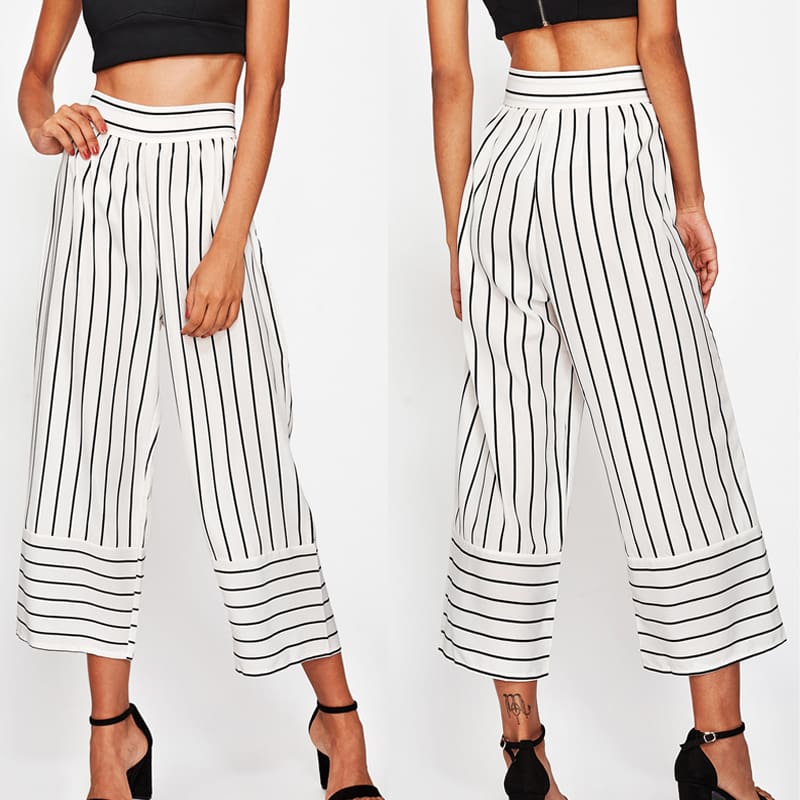 New Summer Women Casual High Waist Bandage Pants Fashion Ladies Striped Wide Leg Loose Long Pants Trousers