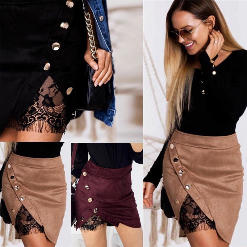 Women Ladies High Waist Pencil Skirts Button Lace Patchwork Sexy Bodycon Suede Leather Split Party Casual Mini Skirt