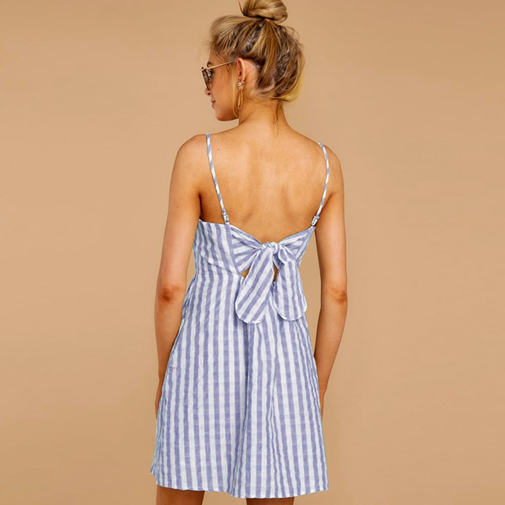 Women Strappy Off Shoulder Striped Bow Open Back Short Mini Dress