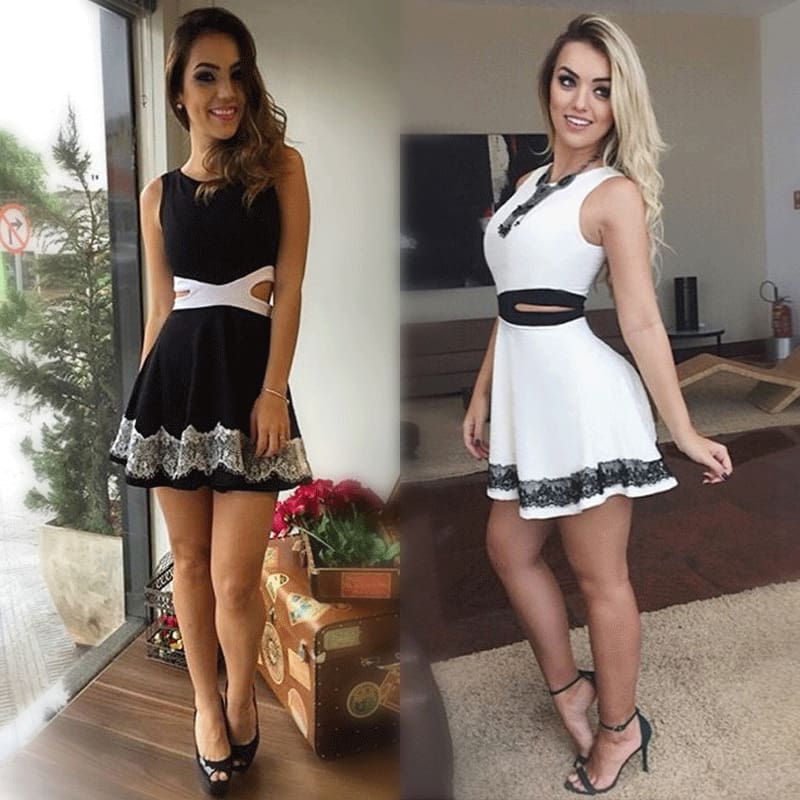 Summer Women Dress OL Lady Sleeveless O-neck Lace Patchwork Casual Slim Fit Hollow Out Mini Waist Dress white black