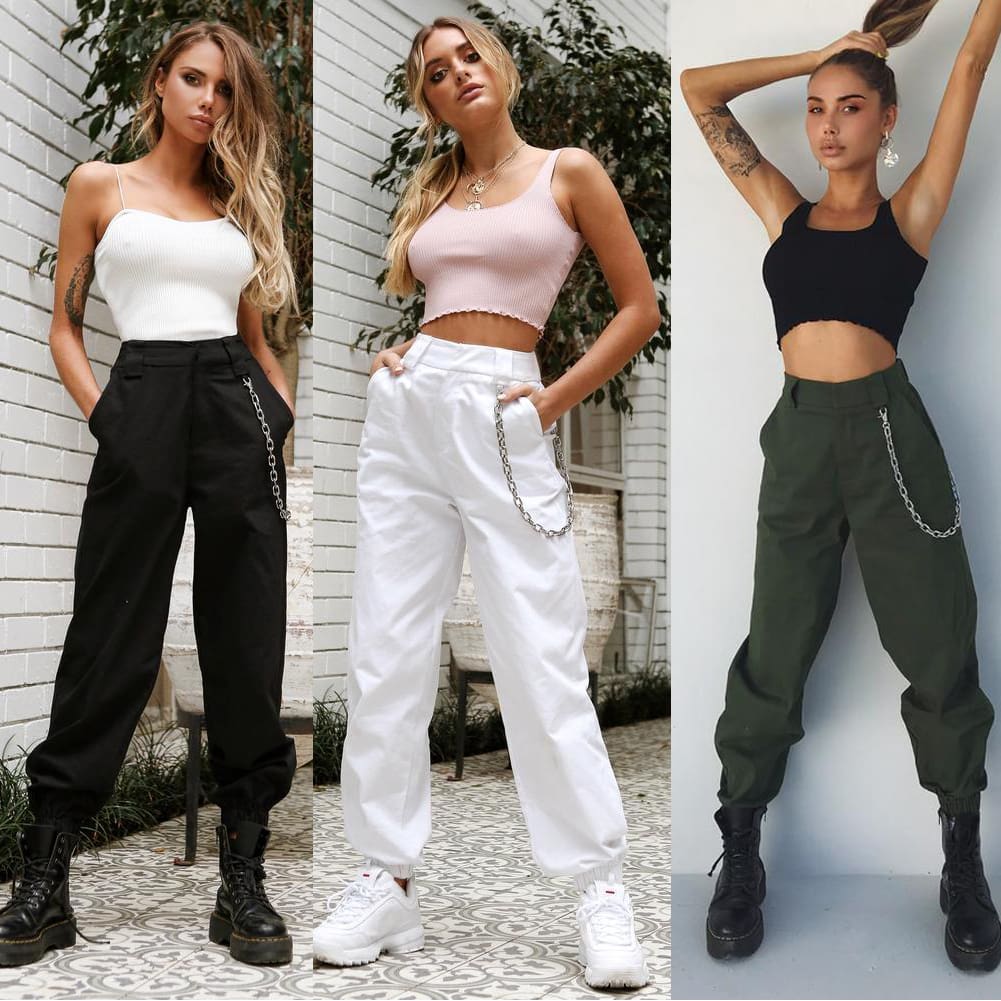 Stretch Waist Military Army Camouflage Camo Cargo Trousers Casual Harem Hip Hop Pants With Chain