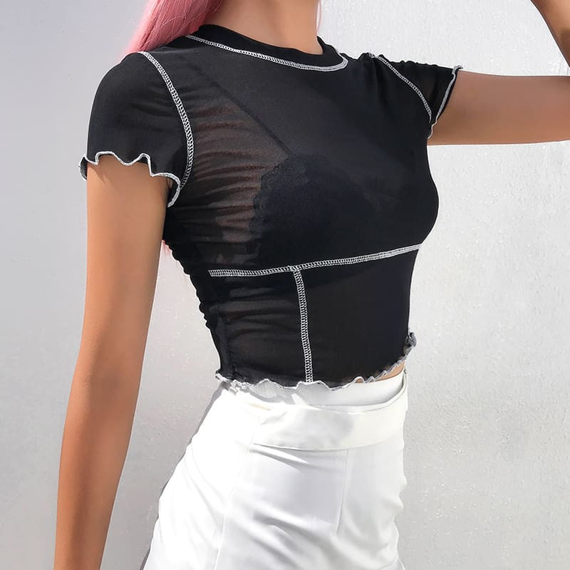 New Fashion Women Girls Mesh Sheer Crop Top Short Sleeve Summer Casual Slim Fit Transparent Stretchy T-Shirt Tops