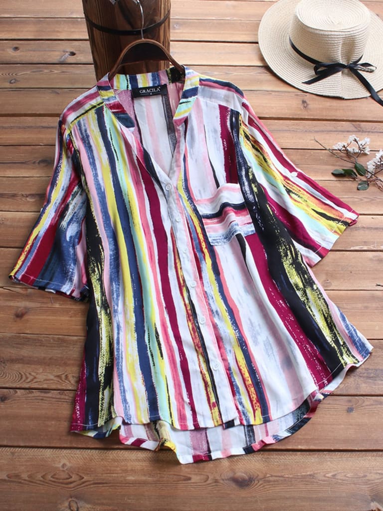 New Women Summer Striped V Neck Blouses Ladies Casual Loose Baggy Tops Tunic Shirts Plus Size Women Clothes